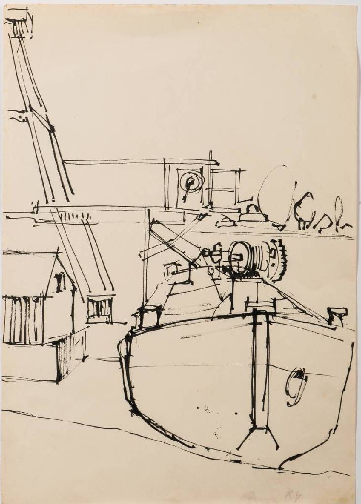 Karl Hubbuch, 1891-1979, Hafenansicht, Tusche-Skizze, um 1928/29, mit Bleistift monogrammiert, Blattgr. 42x29 cm