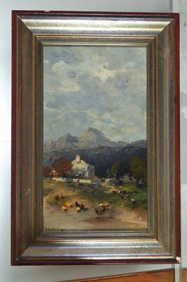 25264563a - J. Gschaig, probably Swiss painter, early 20thcentury, farm with figure staffage and chickens in front of alpine landscape, oil / wood, signed at the bottom on the left, approx. 25.5x15cm, frame