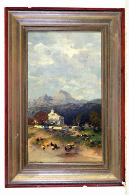 25264563k - J. Gschaig, probably Swiss painter, early 20thcentury, farm with figure staffage and chickens in front of alpine landscape, oil / wood, signed at the bottom on the left, approx. 25.5x15cm, frame