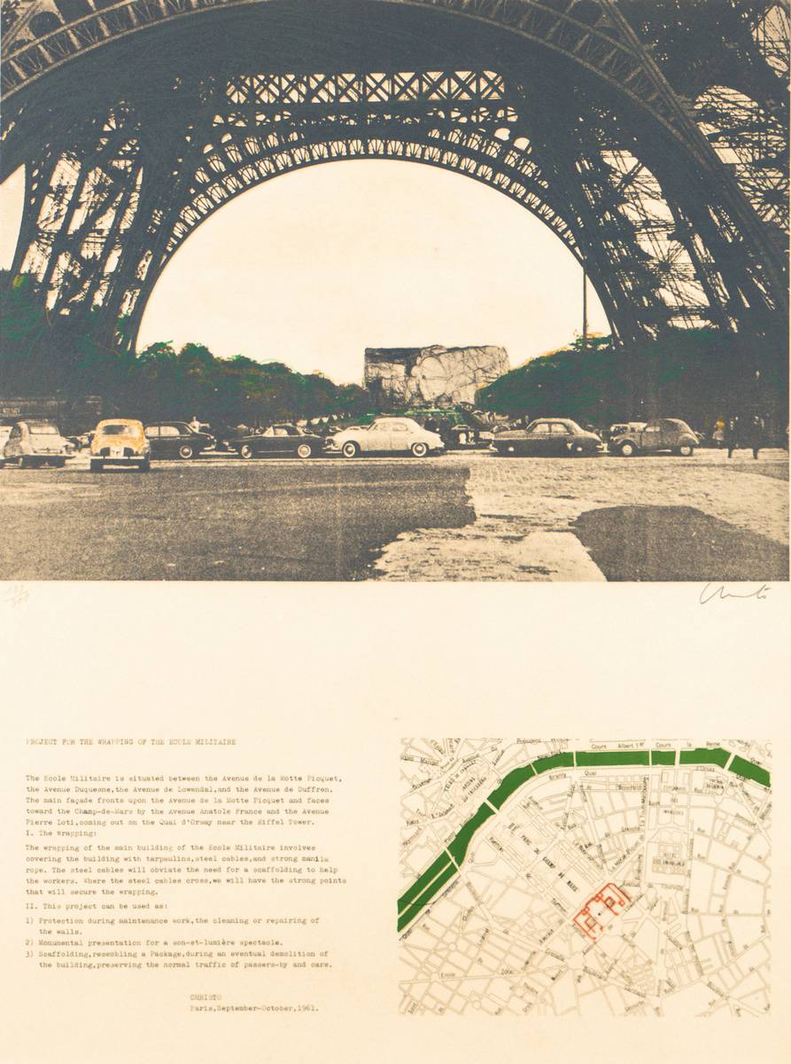 Christo, geb. 1935, Project for wrapping of Ecole Militaire, Farblithografie, sign., num. 198/300, Blattgr. 70x50 cm, unter Glas gerahmt, Blatt ...