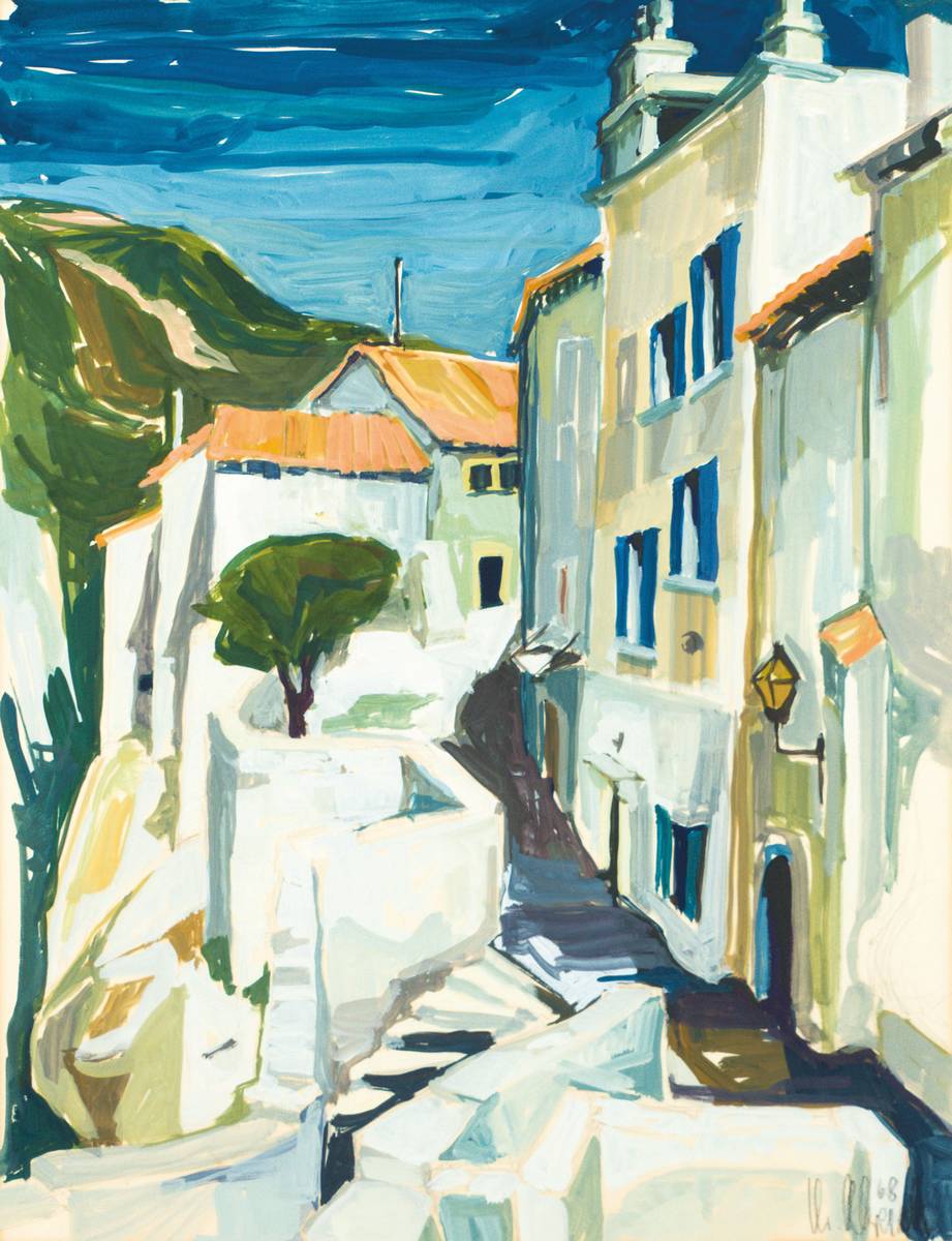 Christel Abresch, geb. 1931 Sulzbach, tätig in der Nordpfalz, hier: Landschaft, Acryl/Papier, sign., dat. 68, PP, Ausschnitt 63x48 cm, unter Glas ...