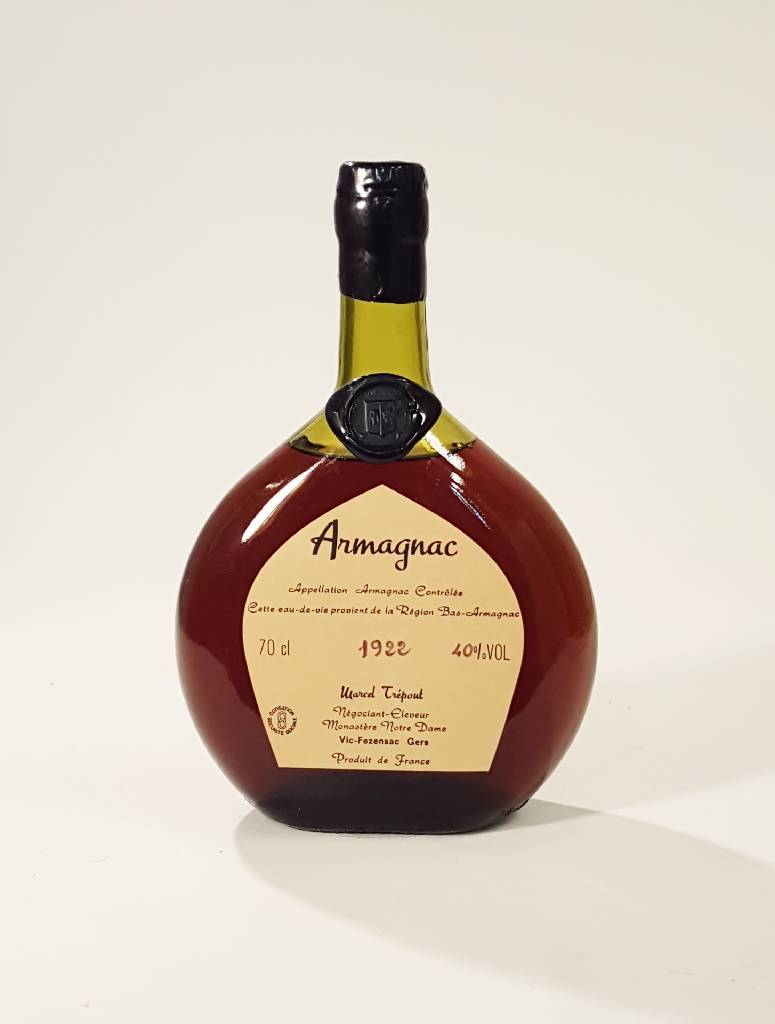 1 Flasche 1922 Bas Armagnac Marcel Trepout, ca. 70 cl, 40 % Vol., unverkostet, Abstand zwischen Kapsel und Armagnac: ca. 4,8 cm, sehrguter ...