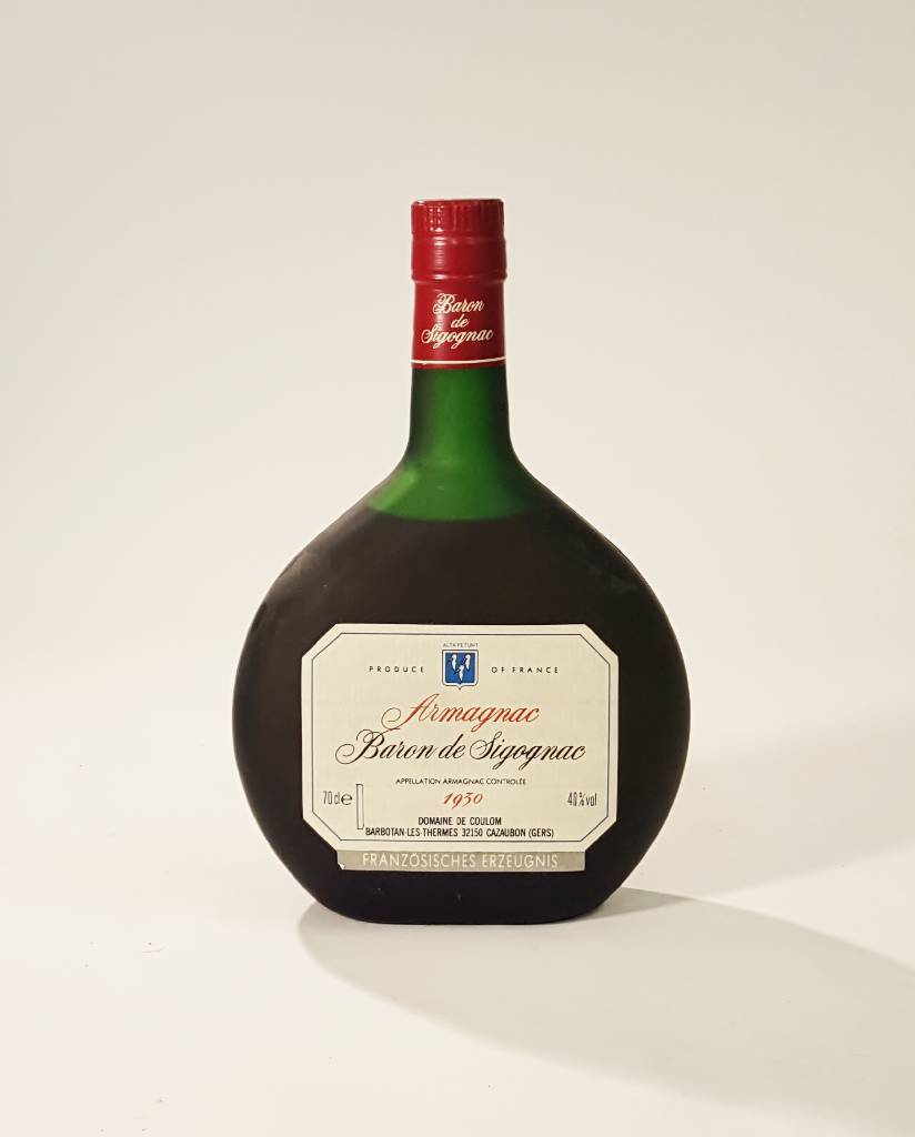 1 Flasche 1930 Baron de Sigognac Armagnac, ca. 70 cl, 40 % Vol., Abstand zwischen Armagnac und Kapsel: ca. 4 cm, sehr guter Erhaltungszustand, ...