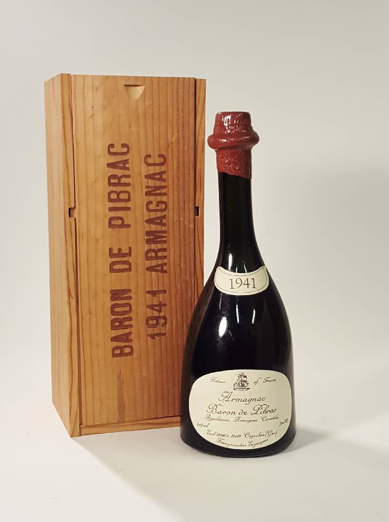 1 Flasche 1941 Baron de Pibrac Armagnac, ca. 70 cl, 40 % Vol., unverkostet, in der Originalholzkiste, sehr selten im Angebot, sehr guter ...
