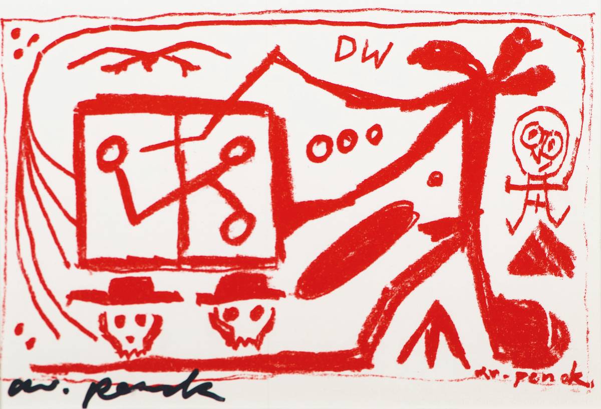 A.R. Penck, geb. 1939, Die Erben, Farblithografie, handsign, verso betitelt, dat. 1986, ca. 10x14,5 cm, PP, unter Glas gerahmt