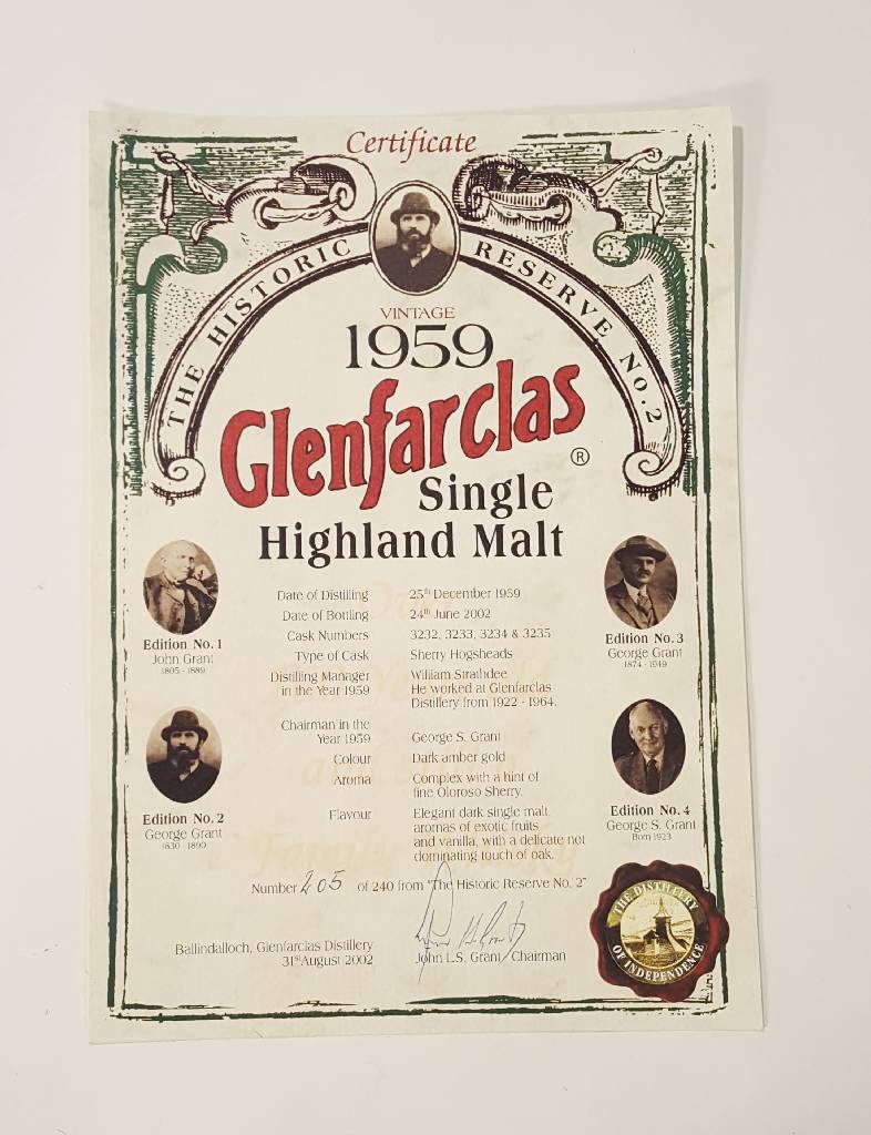 Detail a: 1 Flasche 1959 Glenfarclas Single Highland Malt Historic Reserve No. 2, ca. 70 cl, 46 % Vol., Abstand zwischen Kapsel und Whisky: ca. 5 cm, ...