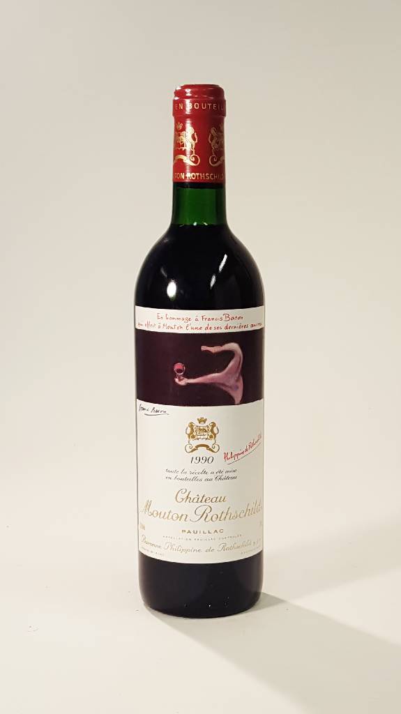 1 Flasche 1990 Chateau Mouton Rothschild, Pauillac, Premier Cru Classe, unverkostet, Künstleretikett: Francis Bacon, ca. 75 cl, 12,5 % Vol., ...