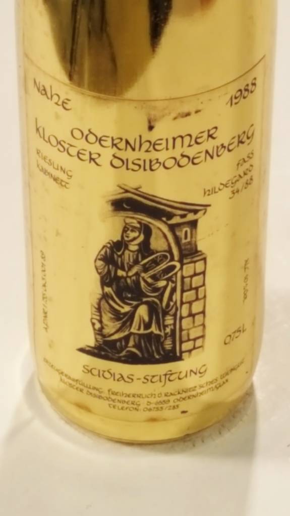 Detail a: 1 Flasche 1988 Riesling Kabinett Kloster Disibodenberg, in 24 Karat-Ummantelung, eingebettet in Originalholzschatulle, Scivias-Stiftung, abgefüllt ...