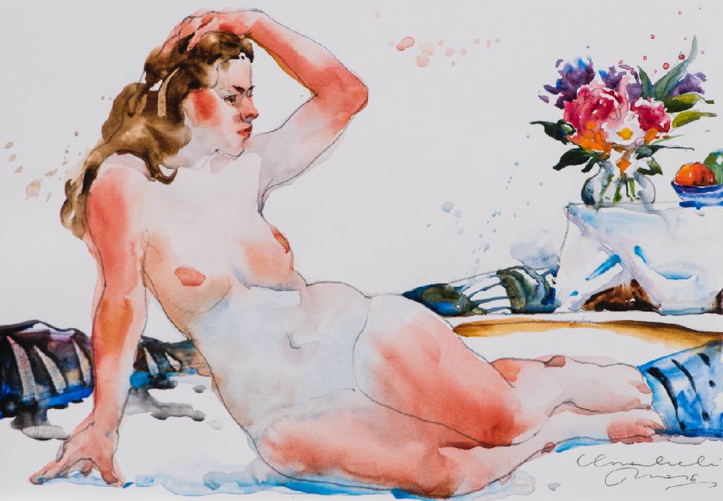 Ewa Ludwiczak, geb. 1988 Nowa Sol/Polen, Konvolut aus 4 Aquarellen, weibliche Akte mit Blumen, sign., Blattgr. 20 x 30 cm