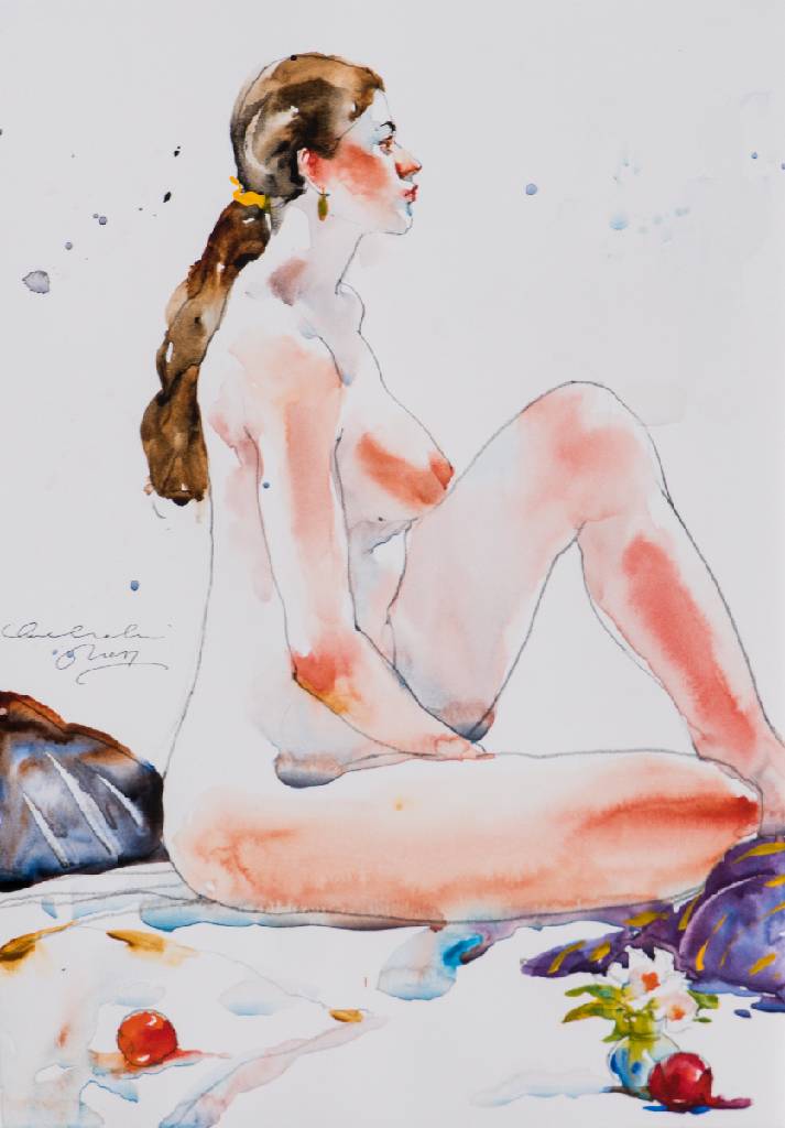 Detail a: Ewa Ludwiczak, geb. 1988 Nowa Sol/Polen, Konvolut aus 4 Aquarellen, weibliche Akte mit Blumen, sign., Blattgr. 20 x 30 cm