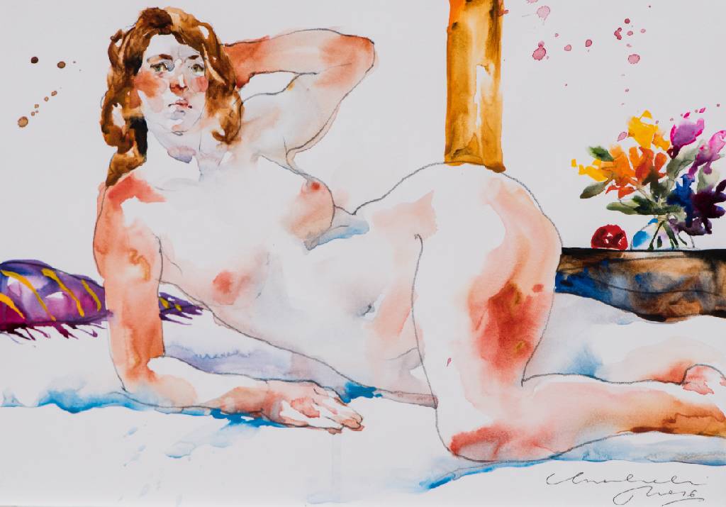 Detail b: Ewa Ludwiczak, geb. 1988 Nowa Sol/Polen, Konvolut aus 4 Aquarellen, weibliche Akte mit Blumen, sign., Blattgr. 20 x 30 cm