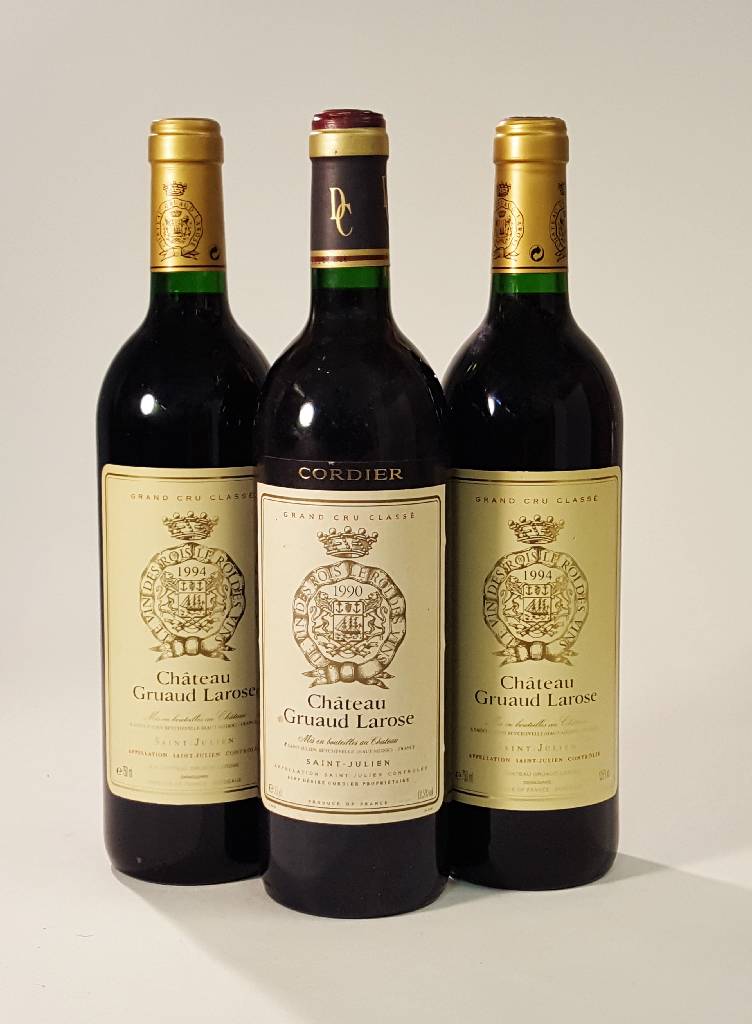 3 Flaschen Chateau Gruaud Larose, Saint -Julien, Grand Cru Classe, Jahrgänge: 2x 1994 und 1x Cordier 1990, je ca. 75 cl, 12,5 % Vol., Füllstände: ...