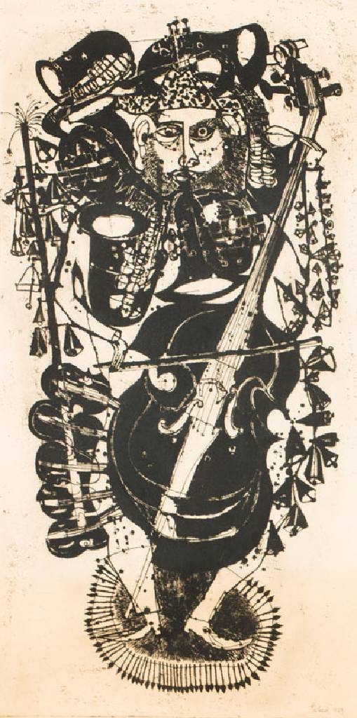 unbekannter Künstler, Radierung, Musikanten-Darstellung, dat. 1959 Terbach, Platte 57x29 cm, Ränder leicht vergilbt