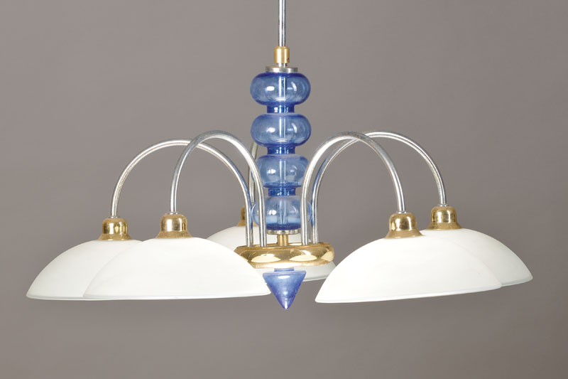 Deckenlampe, Art-Deco, 1930 Frankreich, gestauchter Glaskörper, 5 Opalglasschirme mit je 1 Brennstelle, Elektrifierzierung nicht geprüft, H. ca. 90 ...
