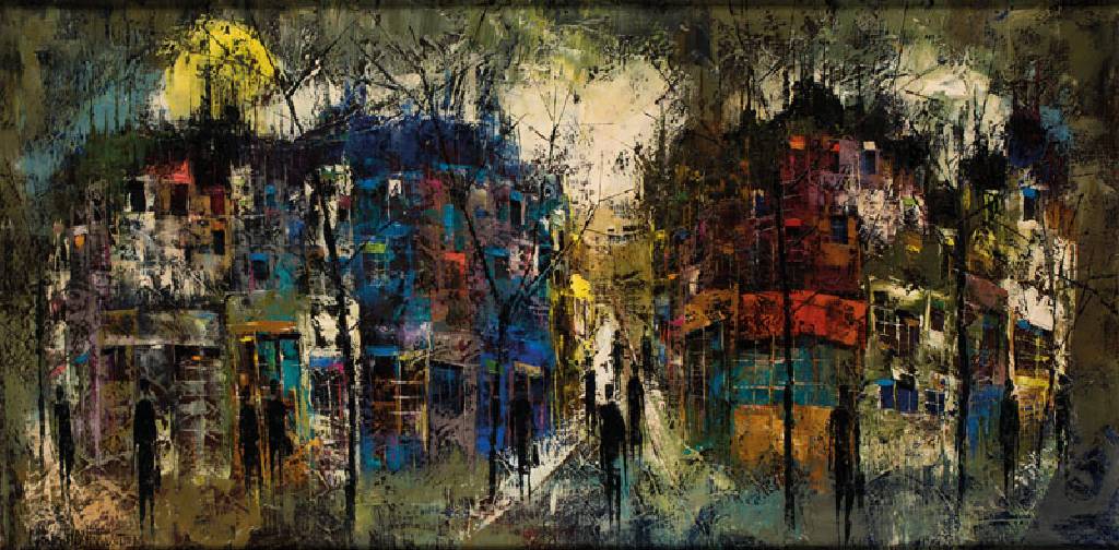 Maurille Prevost, geb. 1922 Paris, Pariser Straßenszene, Öl/Lwd, sign., ca. 40x100 cm, Rahmen