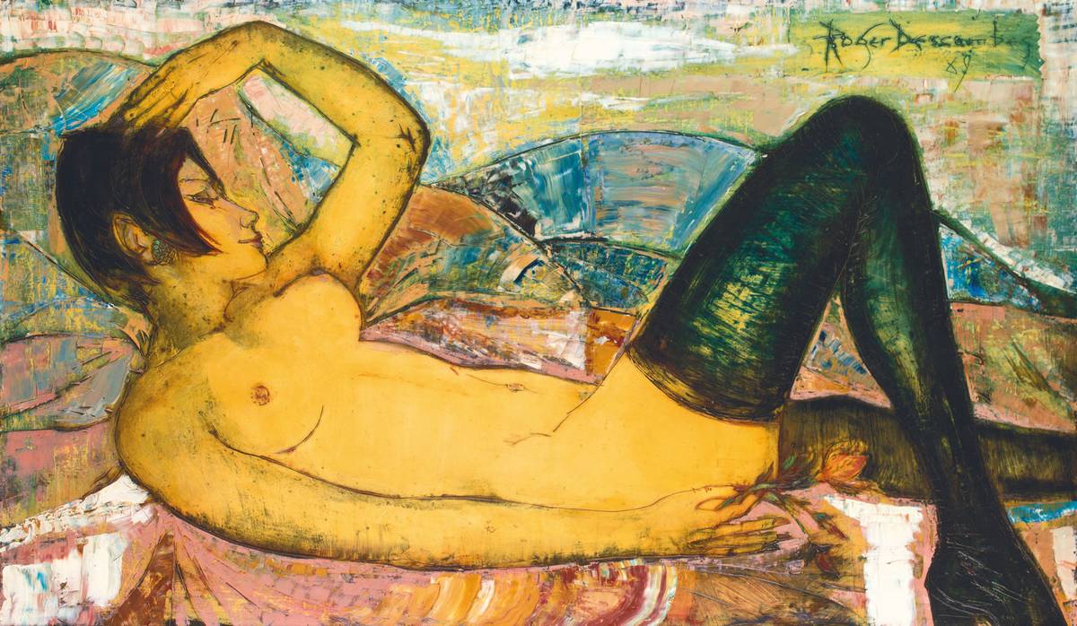 Roger Descombes, 1915-1979, weibl. liegenderAkt, Öl/Lwd, sign., dat. 69, ca. 69x113 cm, Rahmen
