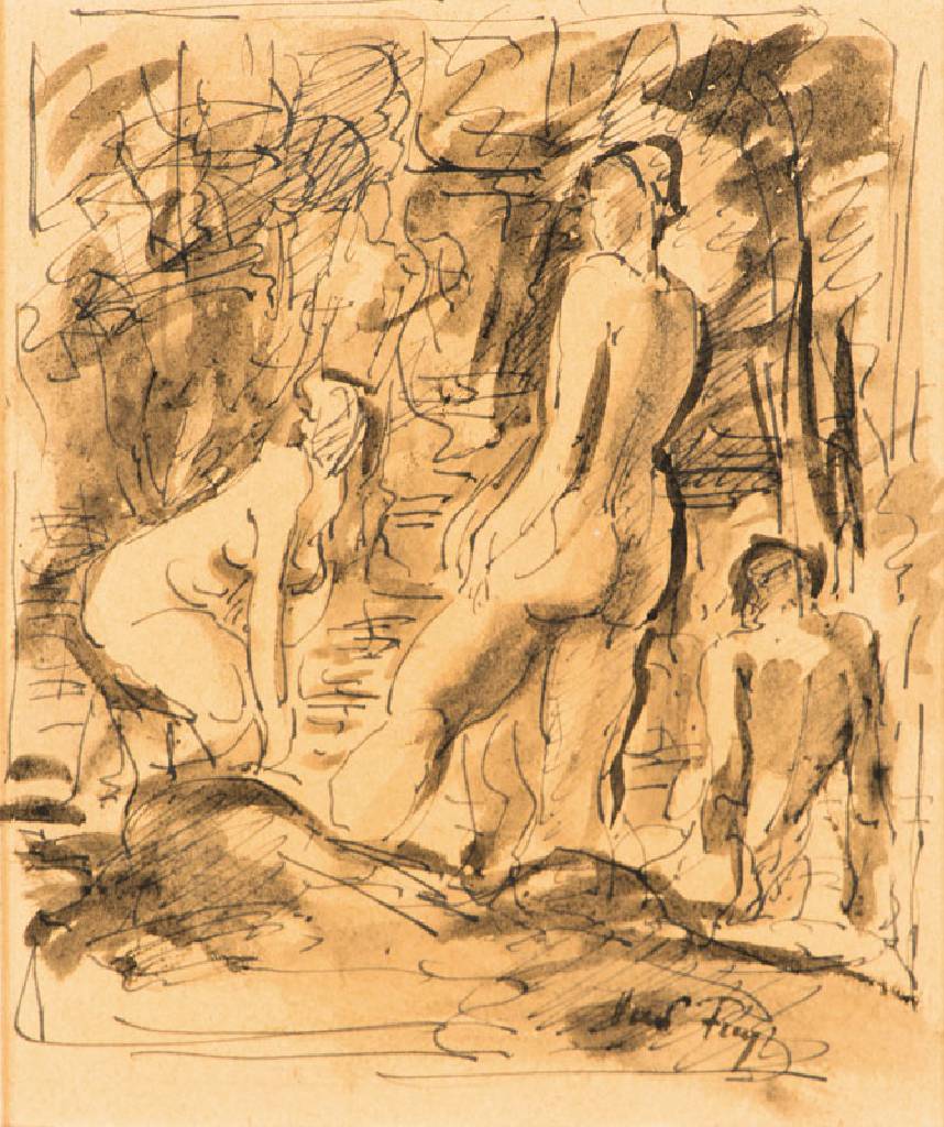 Hanns Fay, 1888-1957, Tuschezeichnung drei Frauenakte beim Baden, re unten sign., PP, Ausschnitt 20x16 cm, unter Glas gerahmt