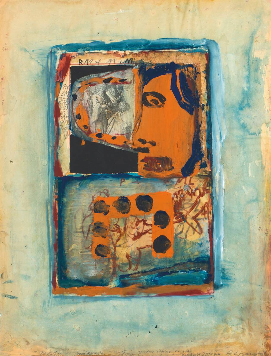 Andrzej Cicowski, geb. 1962 Polen, Schüler von A.R. Penck, hier: Collage, Wasserfarbe/Acryl/Papier, sign, beschriftet, verso Künstlerstempel, dat. ...
