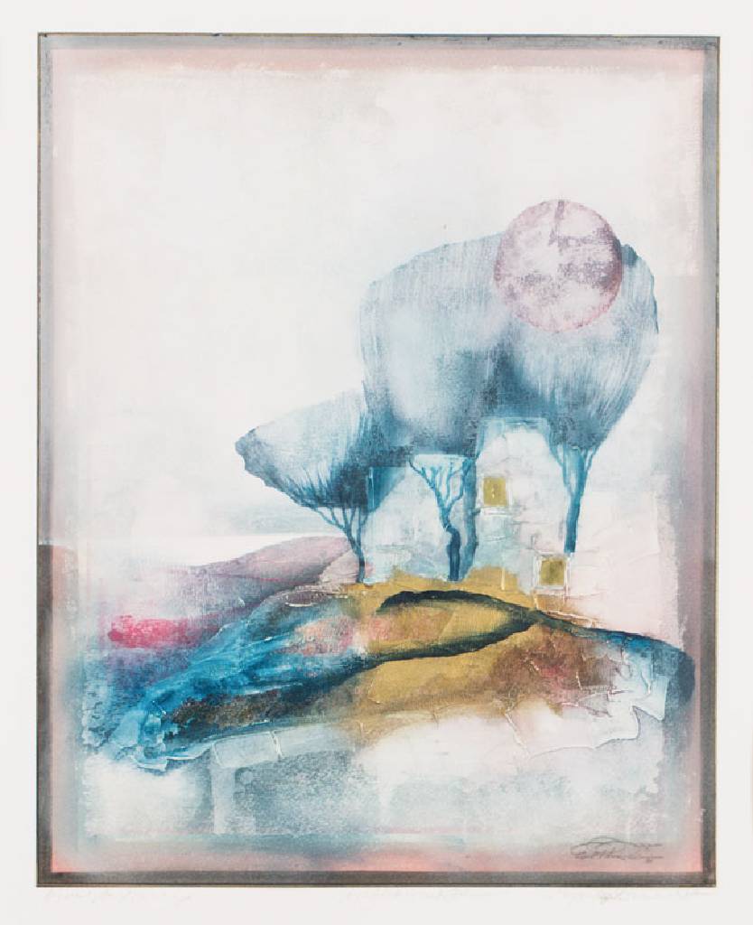 Ernst Peter Rade, geb. 1938 Heidenau, Architektur unter Bäumen, original Acrylcollage, sign., dat. 1988, betitelt, Motiv 50x40 cm, unter Glas gerahmt