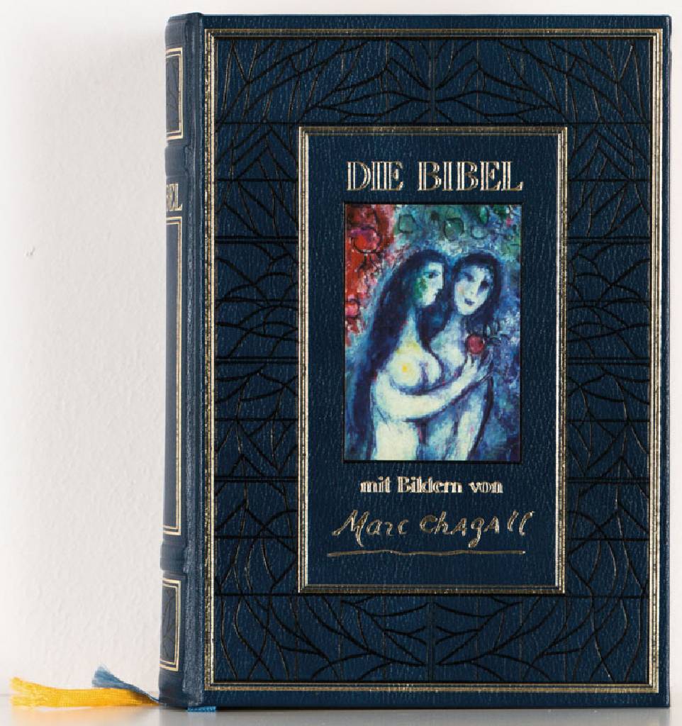 Die Bibel illustriert von Marc Chagall, Pattloch Verlag, 1990, Ledereinband mit Gold-,Blind- und Farbprägung, dreiseitiger Goldschnitt, mit ...