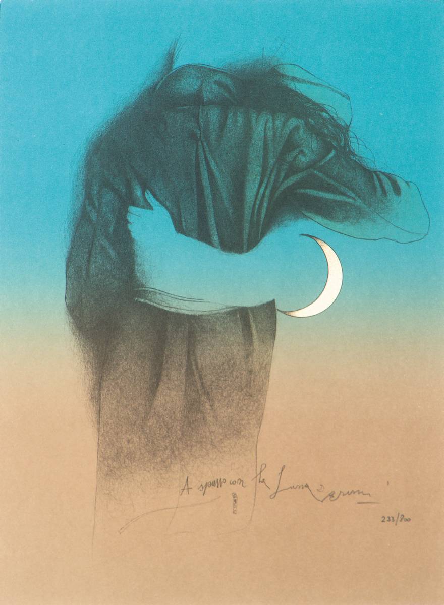 Bruno Bruni, geb. 1935 Gradara, A spasso conla luna, Farblithografie 1990, handsign, num. 233/800, Blattgr. 32,5x24 cm, unter Glas gerahmt