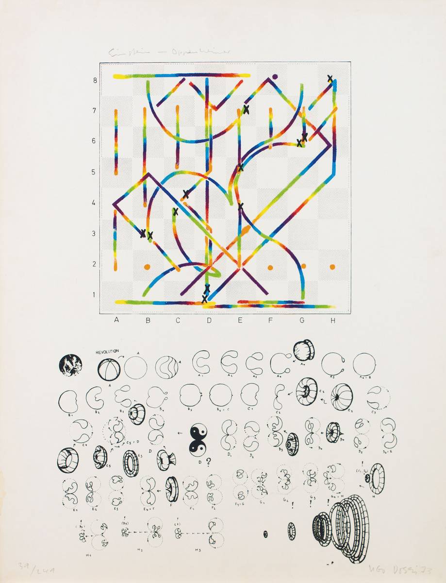 Ugo Dossi, geb. 1943 München, Schachpartie, Serie aus 10 Farbserigraphien, je handsign., mit Nennung der Spieler, Blattgr. 65x59 cm, ein Blatt mit ...