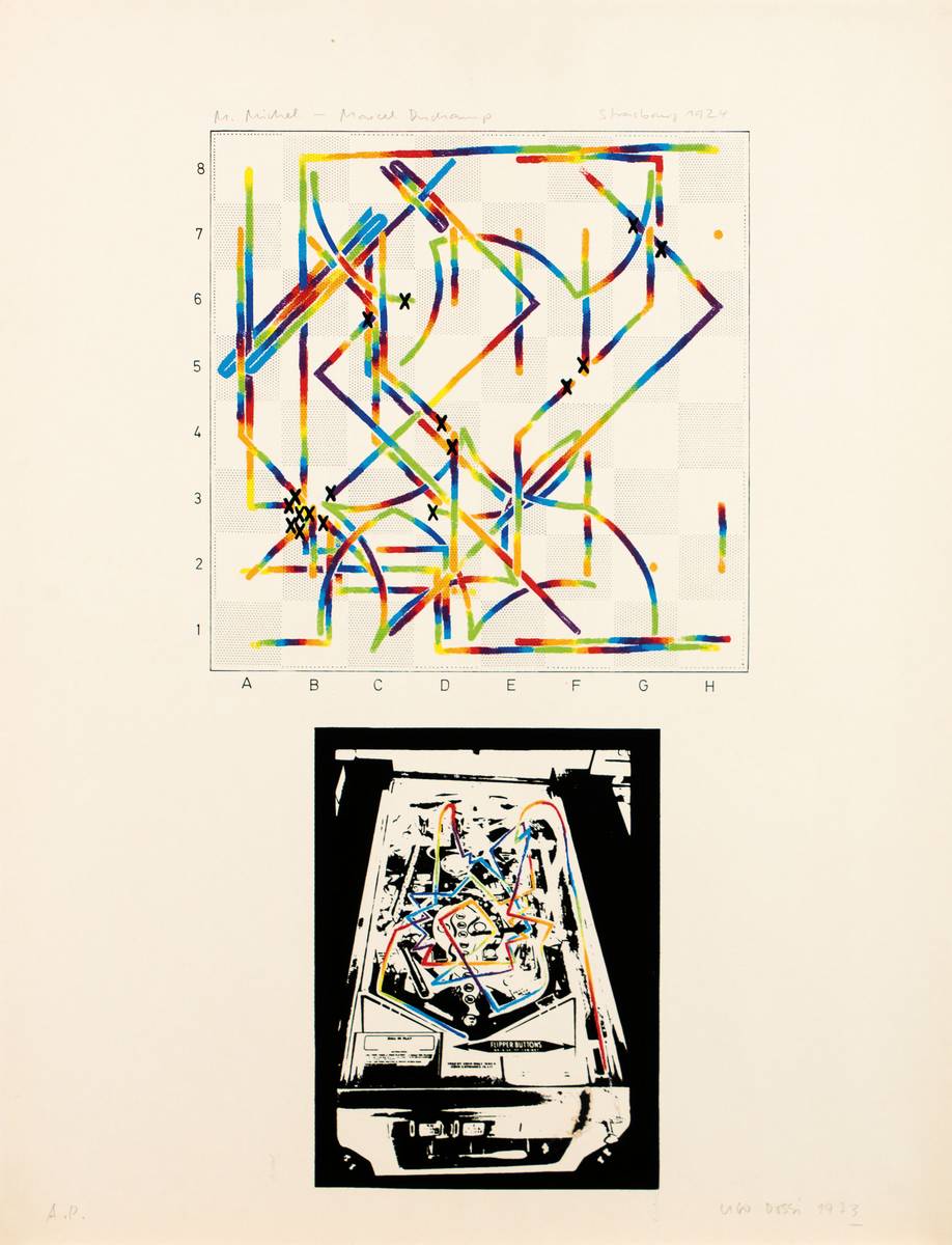 Detail a: Ugo Dossi, geb. 1943 München, Schachpartie, Serie aus 10 Farbserigraphien, je handsign., mit Nennung der Spieler, Blattgr. 65x59 cm, ein Blatt mit ...