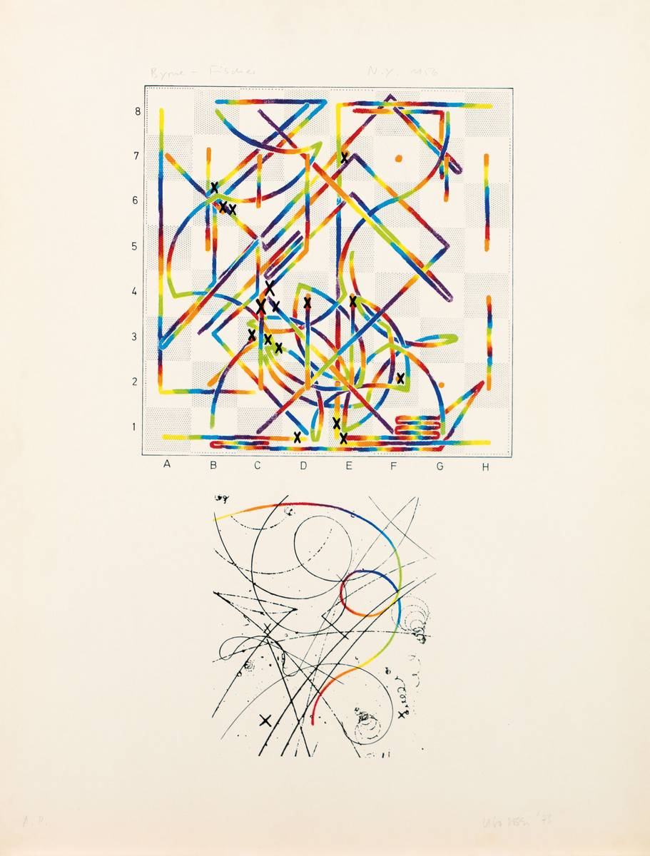 Detail b: Ugo Dossi, geb. 1943 München, Schachpartie, Serie aus 10 Farbserigraphien, je handsign., mit Nennung der Spieler, Blattgr. 65x59 cm, ein Blatt mit ...