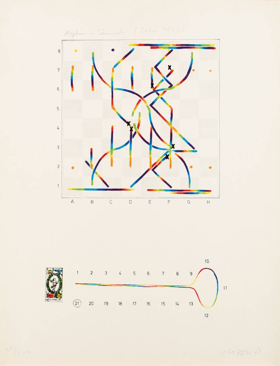 Detail c: Ugo Dossi, geb. 1943 München, Schachpartie, Serie aus 10 Farbserigraphien, je handsign., mit Nennung der Spieler, Blattgr. 65x59 cm, ein Blatt mit ...