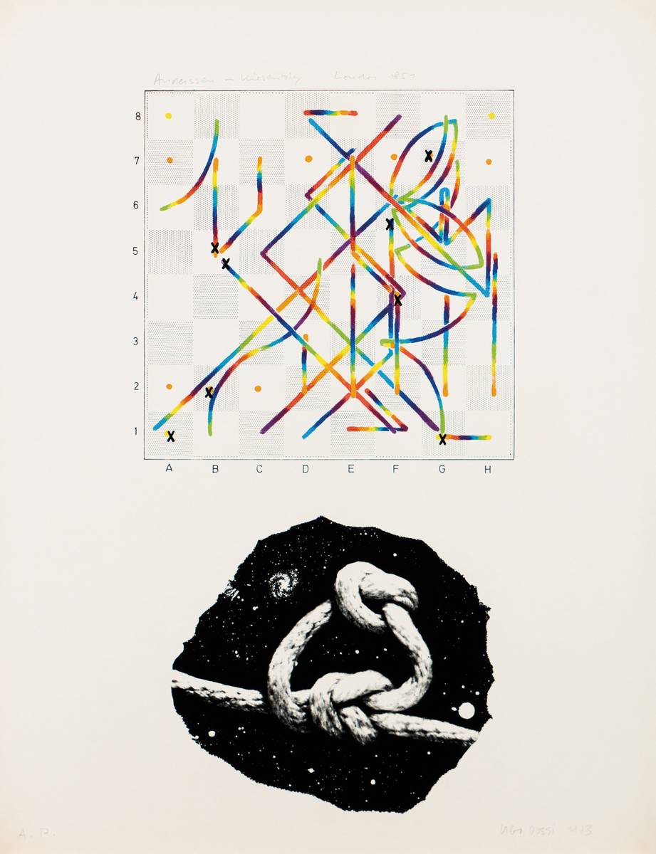 Detail f: Ugo Dossi, geb. 1943 München, Schachpartie, Serie aus 10 Farbserigraphien, je handsign., mit Nennung der Spieler, Blattgr. 65x59 cm, ein Blatt mit ...