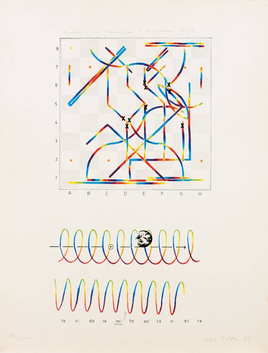Detail g: Ugo Dossi, geb. 1943 München, Schachpartie, Serie aus 10 Farbserigraphien, je handsign., mit Nennung der Spieler, Blattgr. 65x59 cm, ein Blatt mit ...