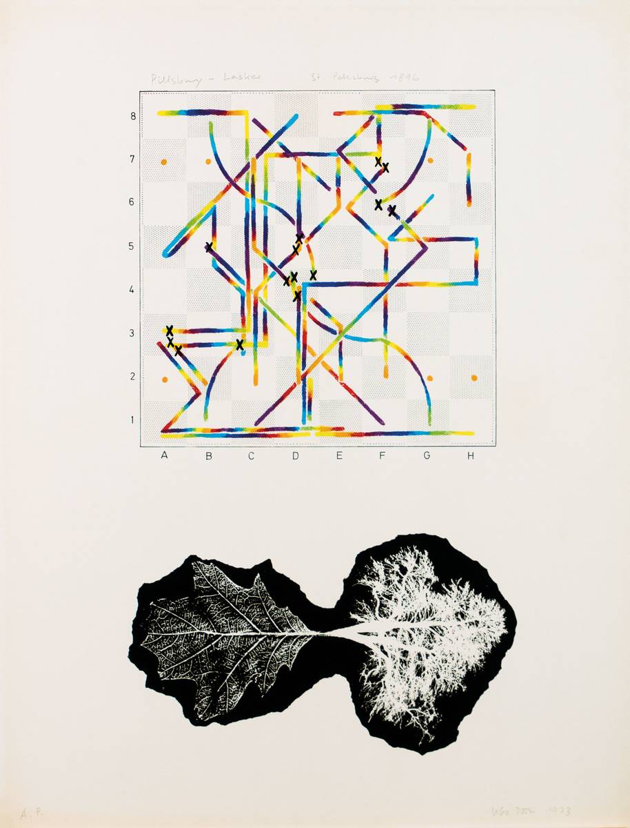 Detail h: Ugo Dossi, geb. 1943 München, Schachpartie, Serie aus 10 Farbserigraphien, je handsign., mit Nennung der Spieler, Blattgr. 65x59 cm, ein Blatt mit ...