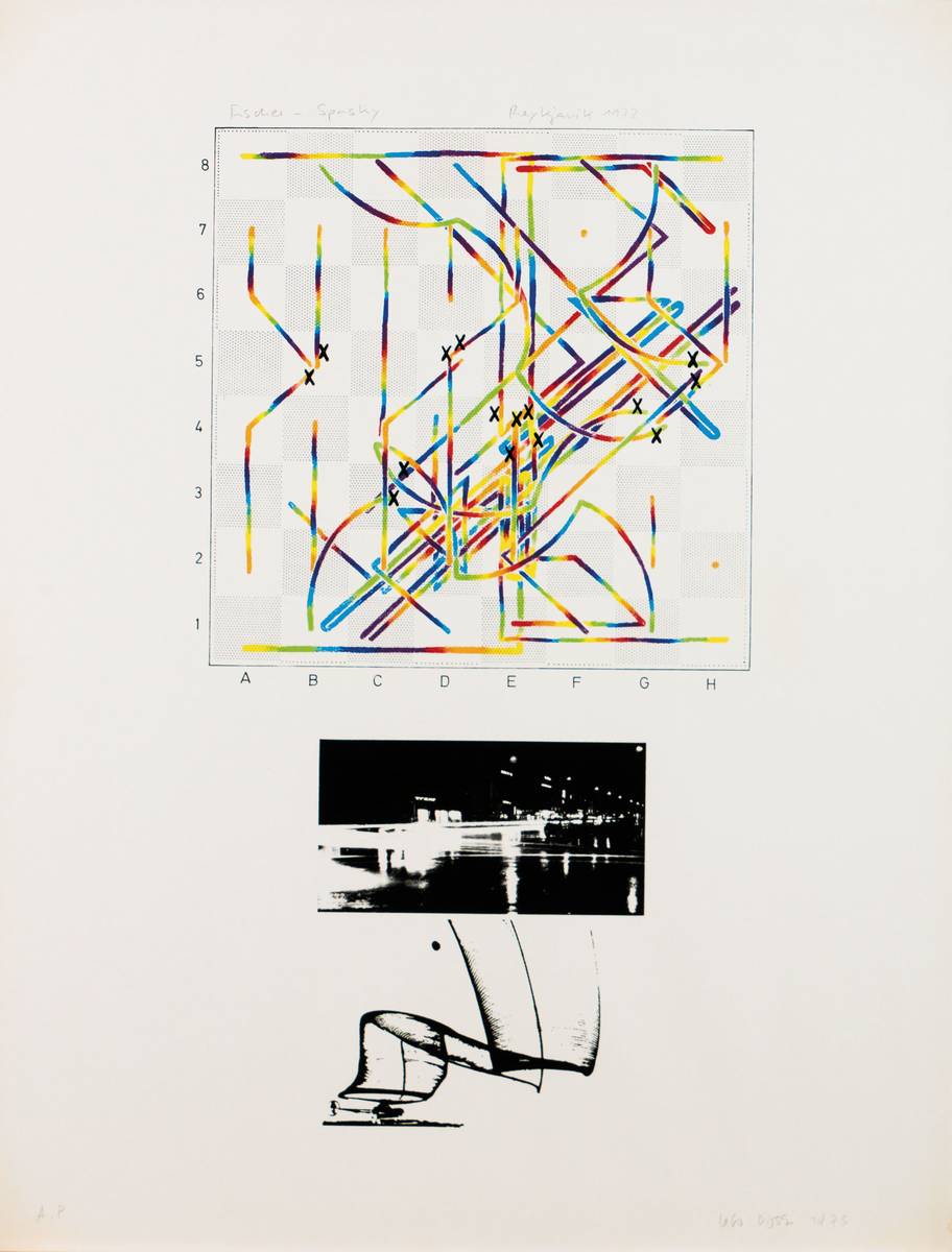 Detail i: Ugo Dossi, geb. 1943 München, Schachpartie, Serie aus 10 Farbserigraphien, je handsign., mit Nennung der Spieler, Blattgr. 65x59 cm, ein Blatt mit ...