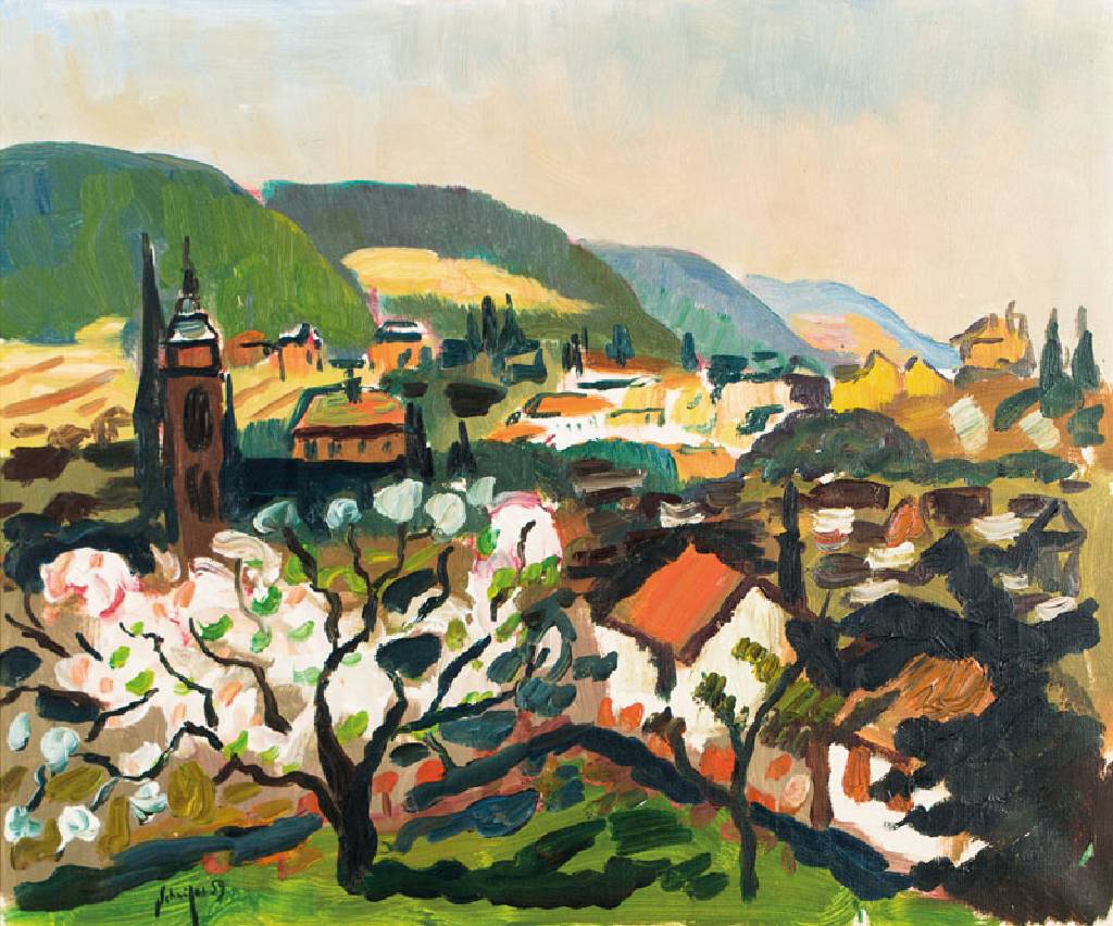 Fritz Schnitzer, Ludwigshafen, Ansicht Neustadt-Hambach, Öl/Lwd, signiert und datiert (19)59, 62x52 cm , Rahmen