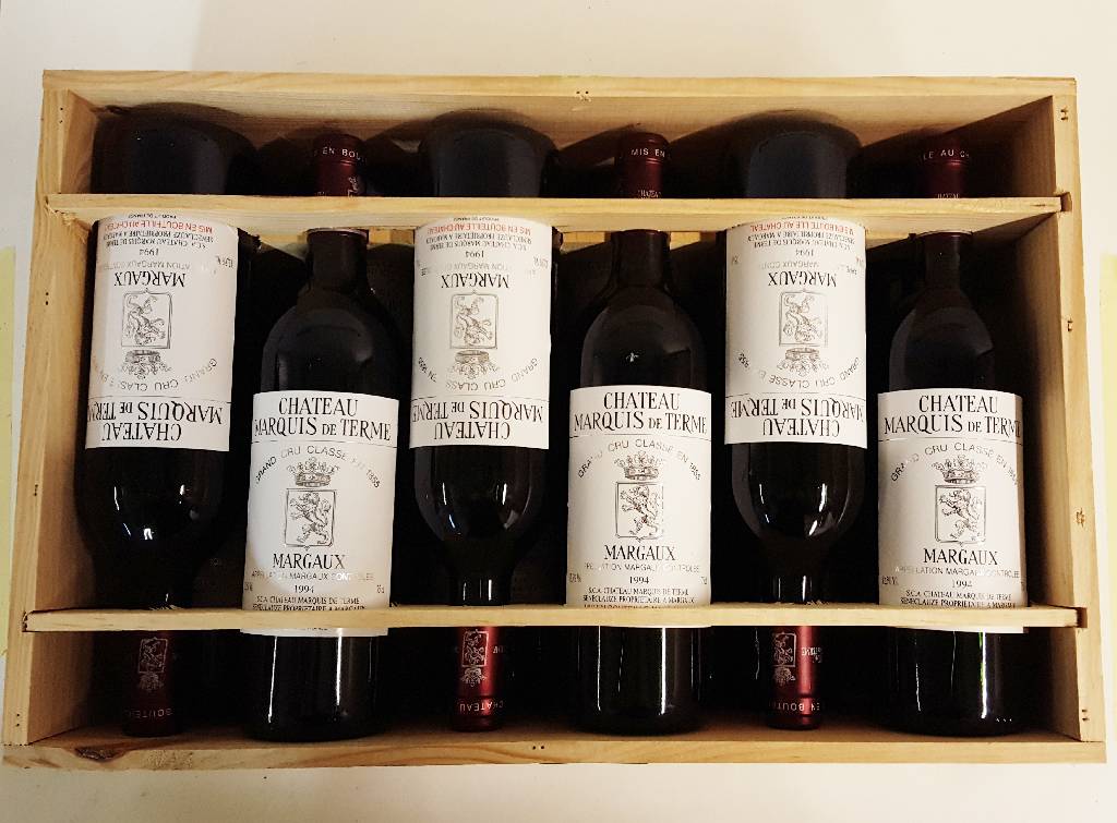 12 Flaschen 1994 Chateau Marquis de Terme, Margaux, Grand Cru Classe, je ca. 75 cl, 12,5 % Vol., unverkostet, in der Originalholzkiste, sehr gute ...
