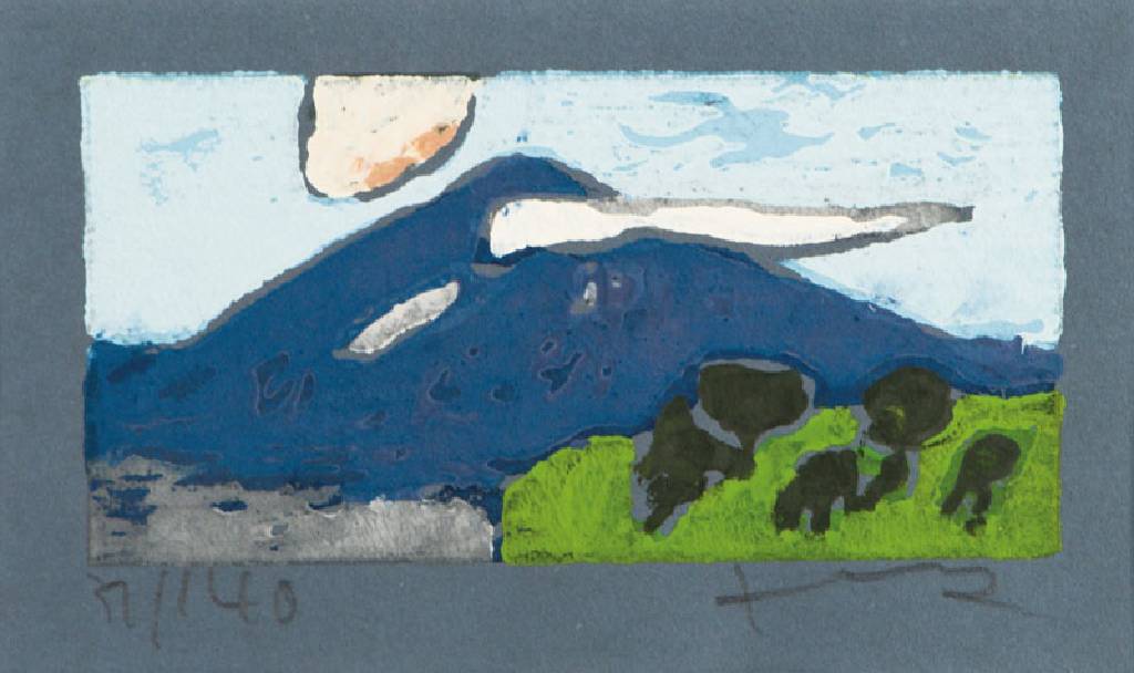 Klaus Fussmann, geb. 1938 Velbert, Ätna, Farblinolschnitt auf blaugrauem Papier, handsigniert, num. 31/140, ca. 7x14cm