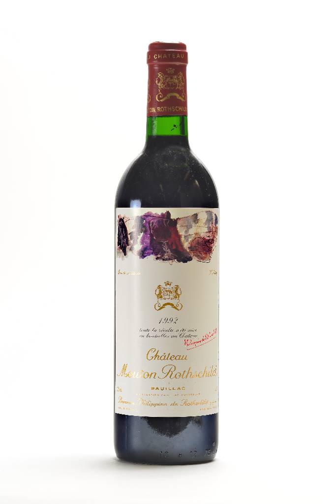 1 Flasche 1992 Chateau Mouton Rothschild, Pauillac, Premier Cru Classe, Künstleretikett:Per Kirkeby, ca. 75 cl, 12,5 % Vol., Füllstand: ca. into ...