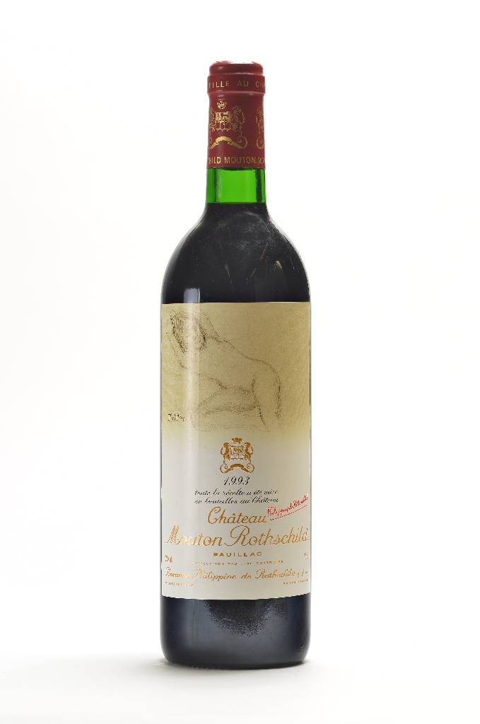 1 Flasche 1993 Chateau Mouton Rothschild, Pauillac, Premier Cru Classe, Künstleretikett:Balthus, ca. 75 cl, 12,5 % Vol., Füllstand: ca. into neck, ...
