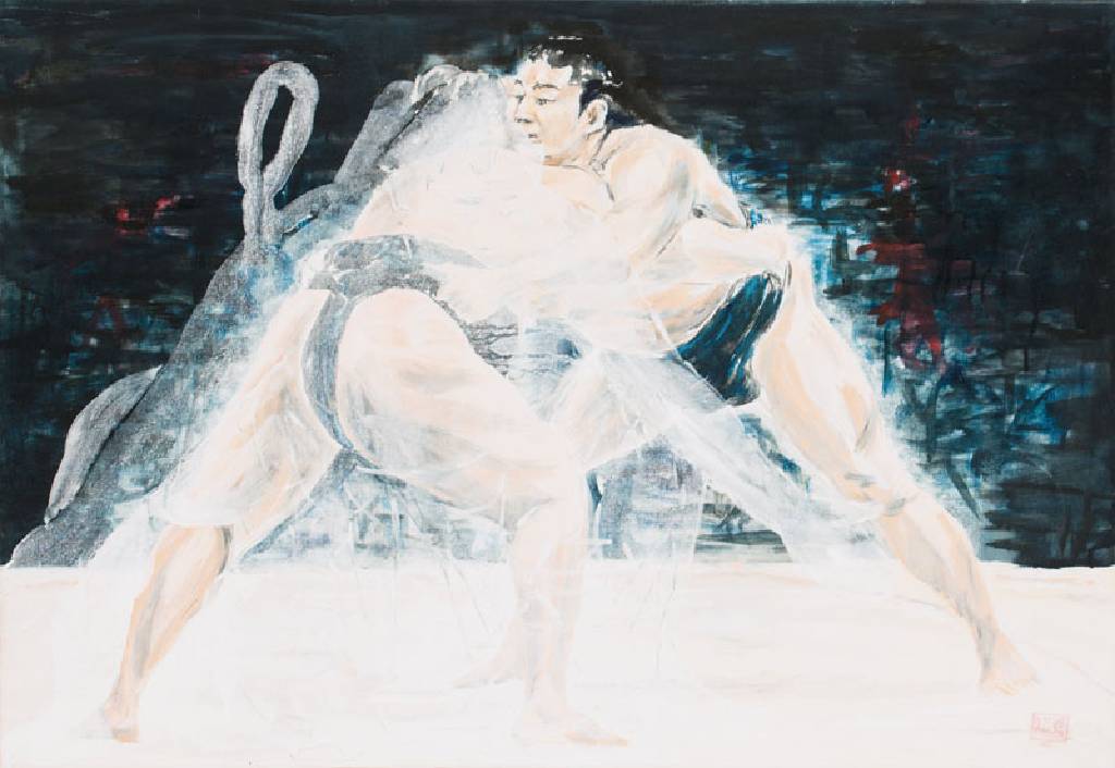 unbekannter Künstler, Sumoringer, Acryl/Lwd, asiatischer Stempel in re untere Ecke, ca. 55x80 cm