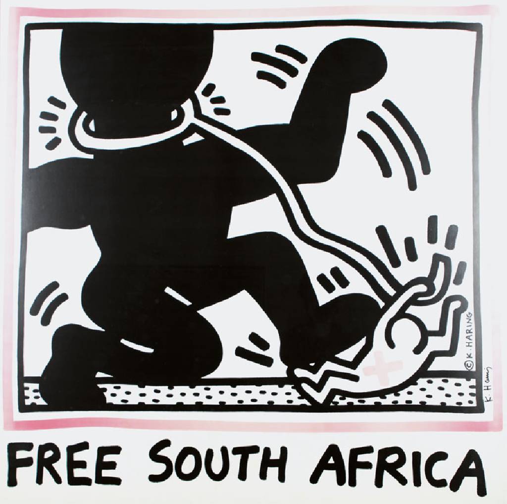 Keith Haring, 1958-1990, Free South Africa, Farblithographie, handsigniert, Blattgr. ca. 121,5 x 121,5 cm, unter Glas gerahmt, leicht verblichen