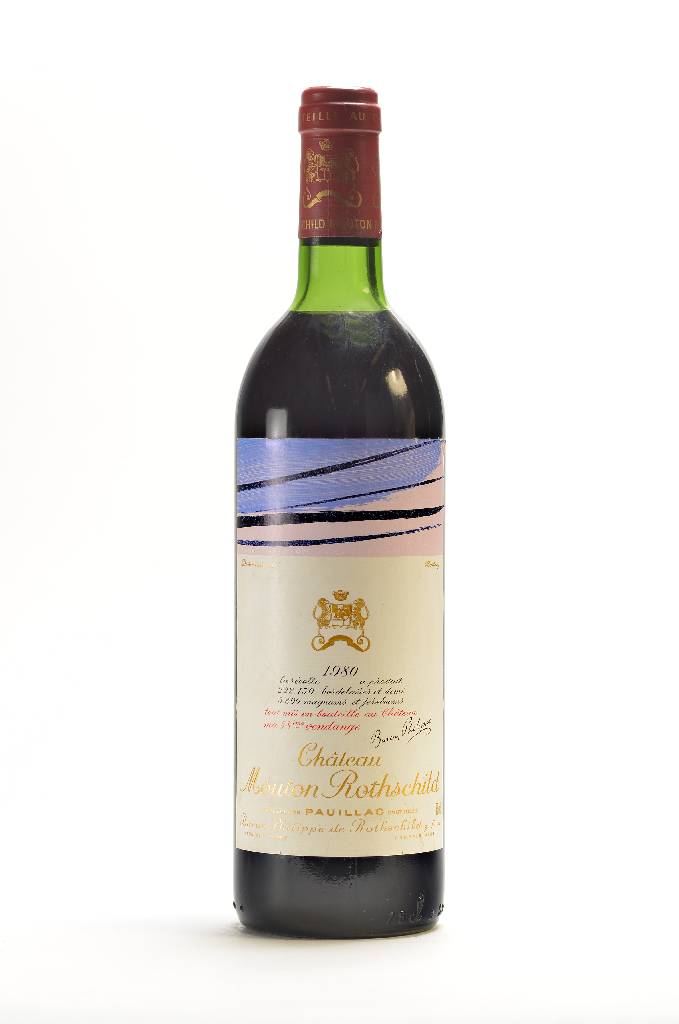 1 Flasche 1980 Chateau Mouton Rothschild, Pauillac, Premier Cru Classe, Künstleretikett:Hans Hartung, ca. 75 cl, Füllstand: ca. top shoulder, guter ...