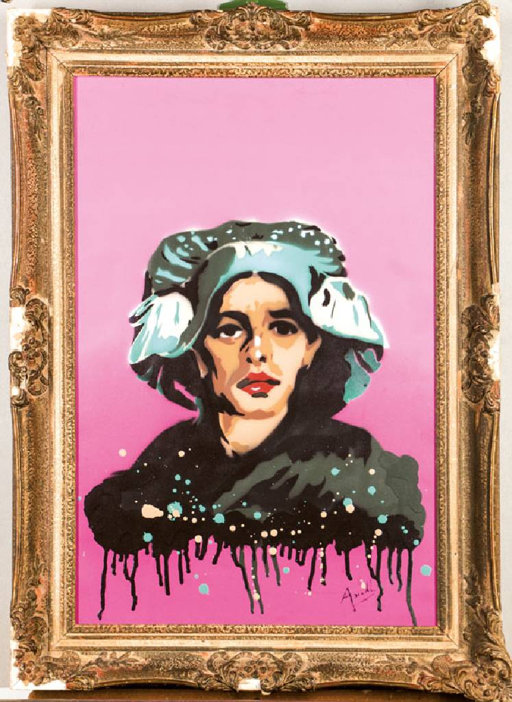 Leni Avasaath, zeitgenössische Künstlerin, Sprühportrait, sign., ca. 60x40 cm, opulent gerahmt