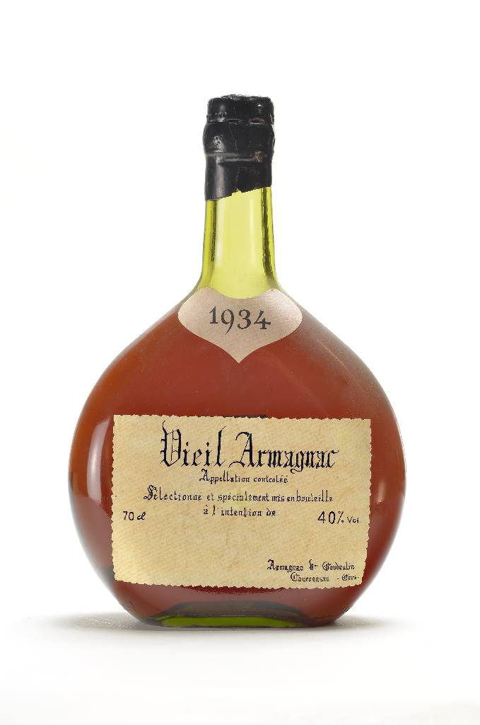 1 Flasche 1934 Vieil Armagnac Goudoulin, ca. 40 % Vol., 70 cl, Abstand zwischen Kapsel und Armagnac: ca. 4 cm, unverkostet, sehr selten im Angebot, ...