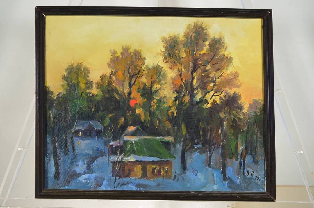 Russischer Maler der Moskauer Schule, Sonnenuntergang am Waldrand, Öl/Lwd, monogr., dat. 1995, 40x50cm, Rahmen