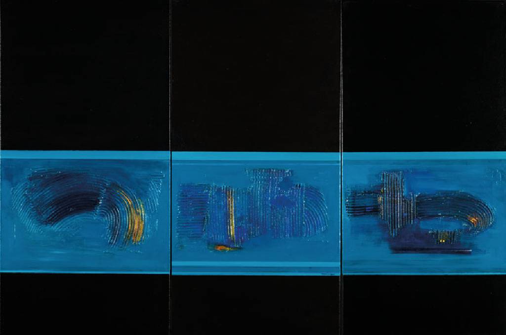 Nikola Tomin, zeitgenössischer Künstler, Fossil, Triptychon in schwarz, Acryl/Lwd, sign., je 100x50 cm