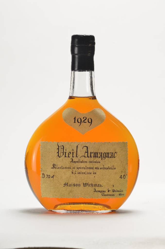 1 Flasche 1929 Goudolin Vieil Armagnac Maison Wichman, ca. 70 cl, 40 % Vol., unverkostet, Abstand zwischen Kapsel und Armagnac: ca. 2,8 cm, sehr ...