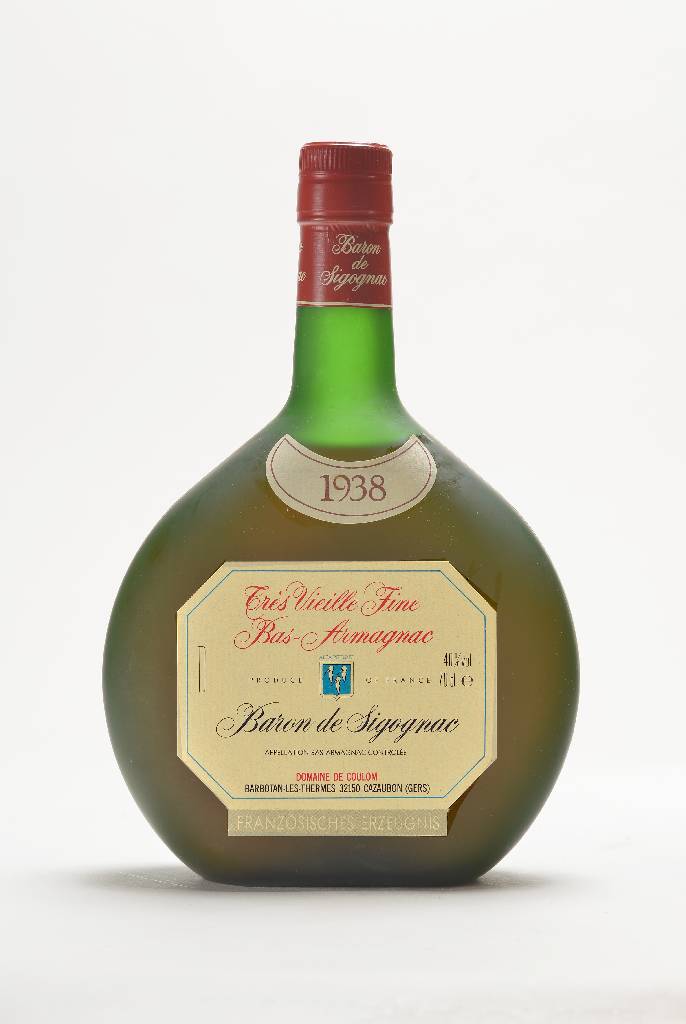 1 Flasche 1938 Baron de Sigognac Tres Vieille Fine Bas-Armagnac, ca. 70 cl, 40 % Vol., Abstand zwischen Kapsel und Armagnac: ca. 3,5 cm, unverkostet, ...