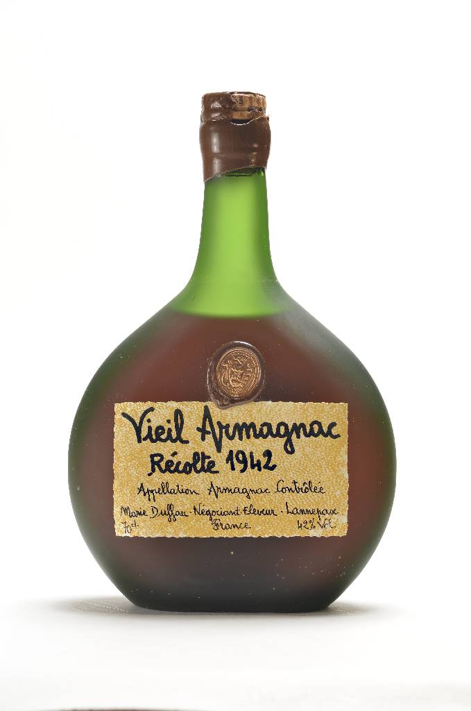 1 Flasche 1942 Marie Duffau Vieil Armagnac, 42 % Vol., ca. 70 cl, Abstand zwischen Kapsel und Armagnac ca: 5,5 cm, unverkostet, in der ...