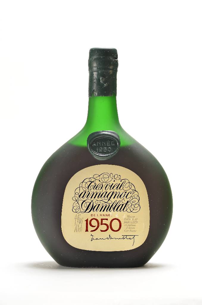 1 Flasche 1950 Damblat Tres Vieil Armagnac, ca. 44 % Vol., ca. 70 cl, Abstand zwischen Kapsel und Armagnac: ca. 4,5 cm, unverkostet, selten im ...