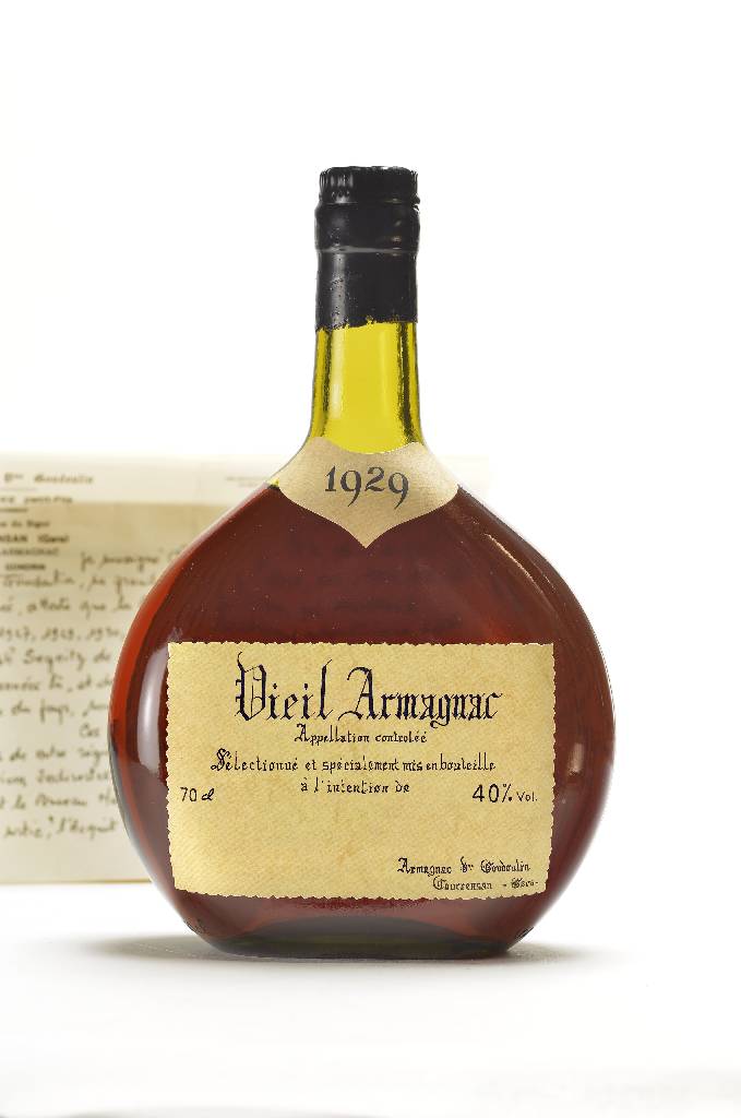 1 Flasche 1929 Goudoulin Vieil Armagnac, ca. 70 cl, 40 % Vol., unverkostet, Abstand zwischen Kapsel und Armagnac: ca. 4 cm, sehr guter ...